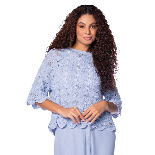 Blusa Feminina Biamar Decote Canoa Trama Vazada Algodão Azul