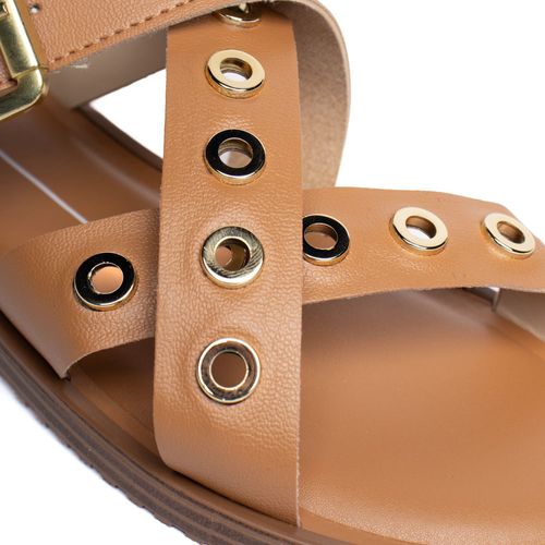 Sandália Feminina Moleca Rasteira Tiras Ilhós Caramelo
