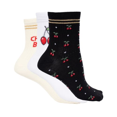 Meia Feminina Selene Kit Estampas Cerejas Branco/Bege/Preto