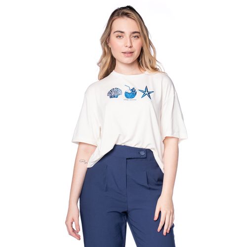 T-Shirt Feminina Endless Viscose Estampa Off White/azul