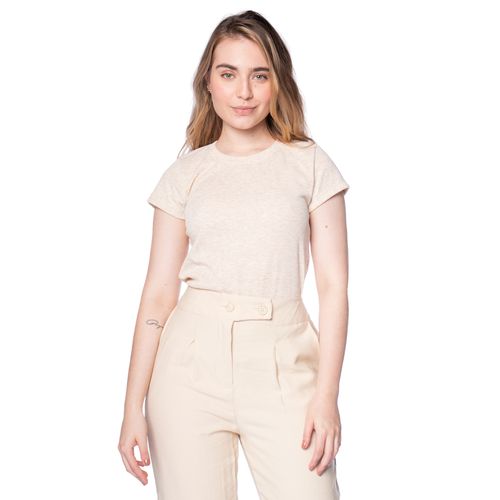 Blusa Feminina Giraffe Canelada Manga Curta Bege Mescla
