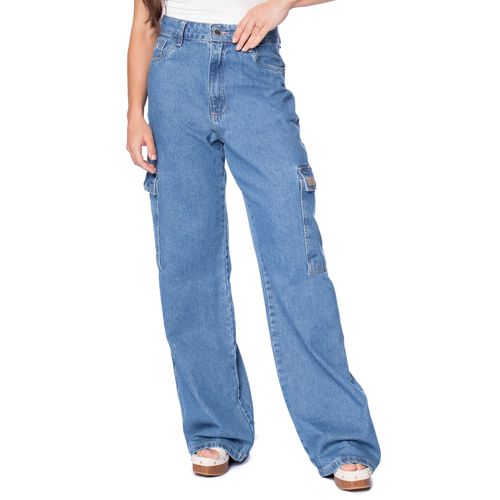 Calça Jeans Feminina Max Denim Wide Leg Cargo Azul