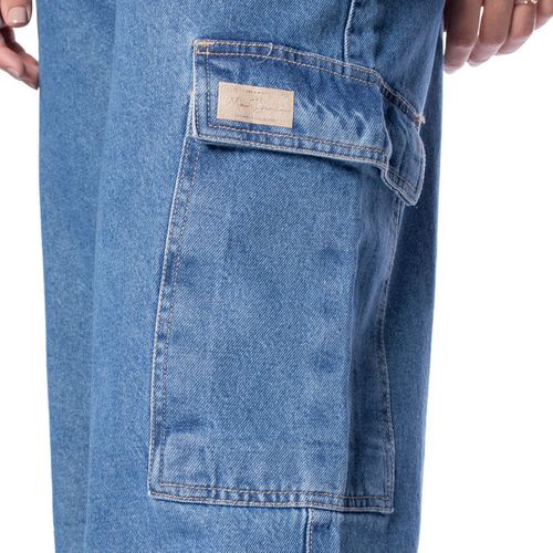 Calça Jeans Feminina Max Denim Wide Leg Cargo Azul