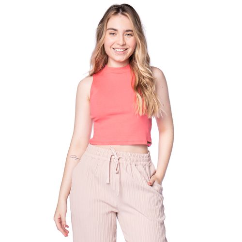 Cropped Feminino Feliny Canelado Gola Alta Rosa