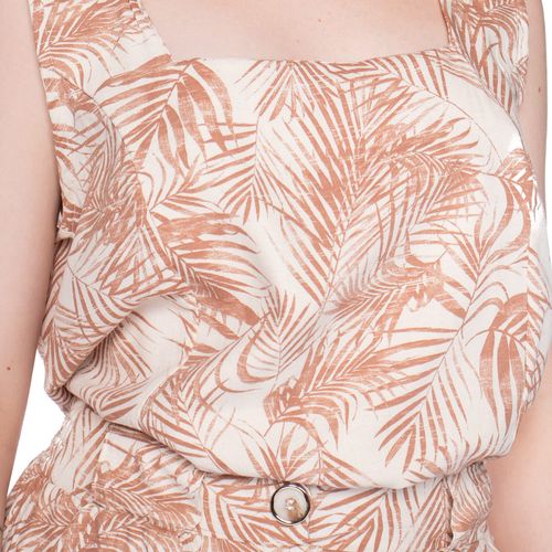 Blusa Feminina Giraffe Decote Quadrado Folhagens Marrom/Bege