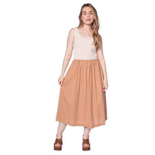 Vestido Feminino Giraffe Longo Bicolor Frisos Bege/Marrom