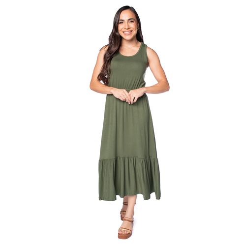 Vestido Midi Feminino Rechsul Sem Mangas com Babados Verde