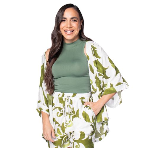 Conjunto Feminino Pellini Kimono Folhagens Verde/Branco