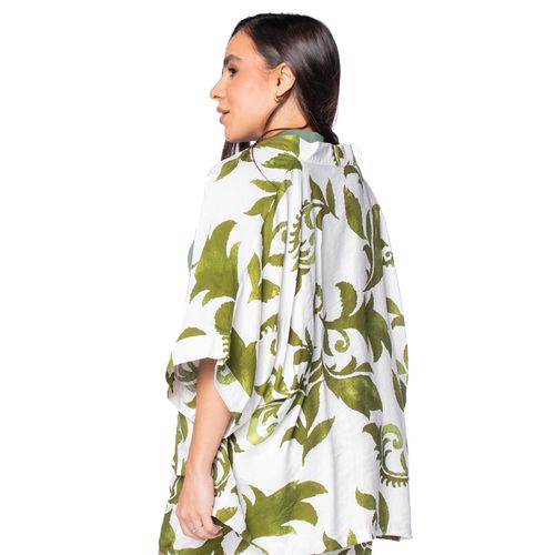 Conjunto Feminino Pellini Kimono Folhagens Verde/Branco
