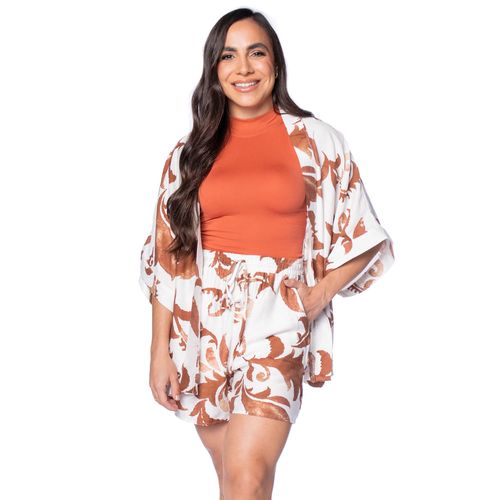 Conjunto Feminino Pellini Kimono Folhagens Marrom/Branco