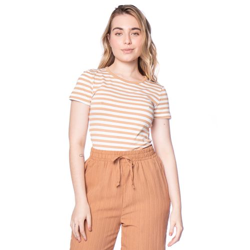 Blusa Feminina Rechsul Básica Listrada Caramelo/Branco