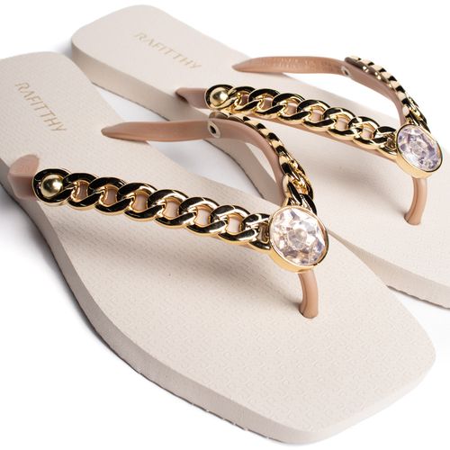 Chinelo Feminino Rafitthy Charm Bege/Dourado