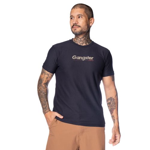 Camiseta Masculina Gangster Lettering Azul Escuro/bege