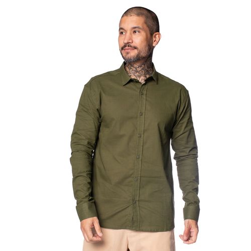 Camisa Masculina Dixie Slim Fit Punho Chanfrado Verde Musgo