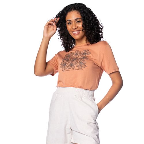 Blusa Feminina Rovitex Estampa Floral com Brilho Avelã