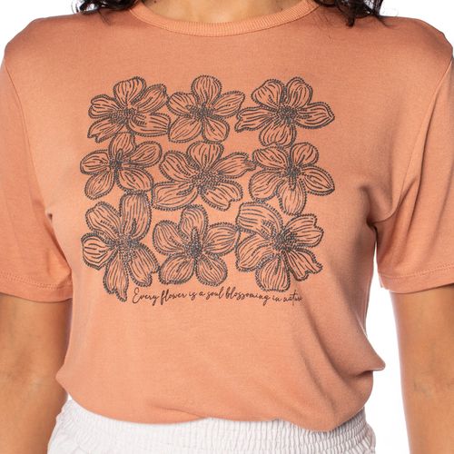 Blusa Feminina Rovitex Estampa Floral com Brilho Avelã