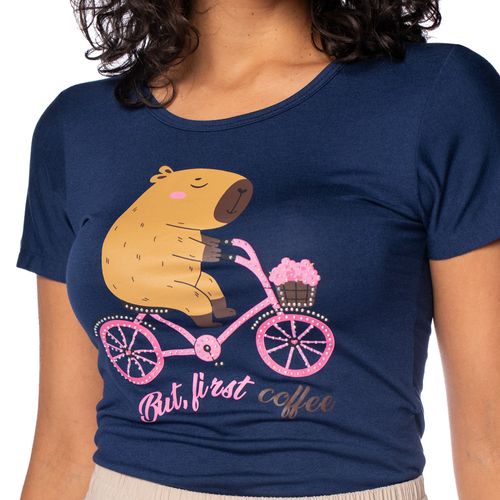 Blusa Feminina Vitória Estampa Capivara Strass Marinho