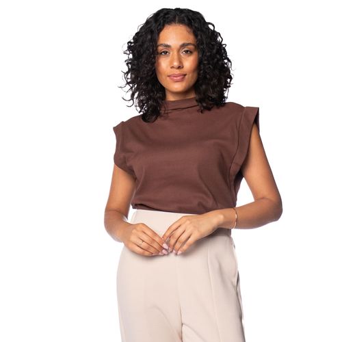Blusa Feminina LZT Canelada Gola Alta Marrom Escuro