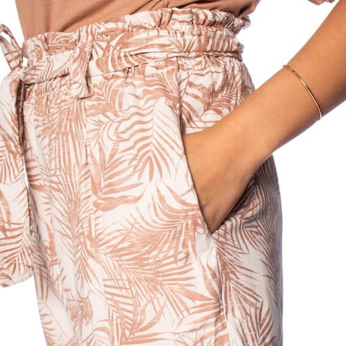 Short Feminino Giraffe Folhagens Cintura Alta Bege/Marrom