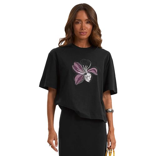 Camiseta Feminina Rovitex Estampa Flor Bordada Preto