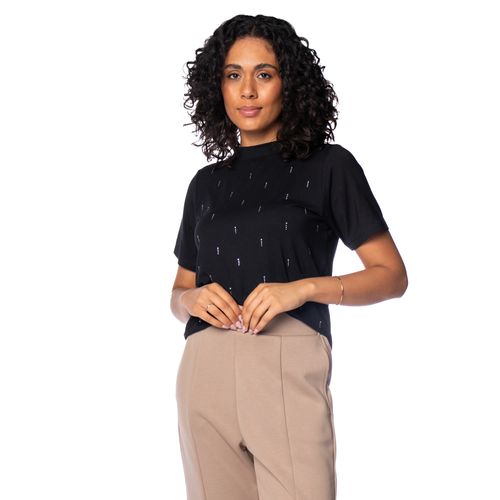 T-Shirt Feminina Olho Fatal Gola Alta Strass Preto