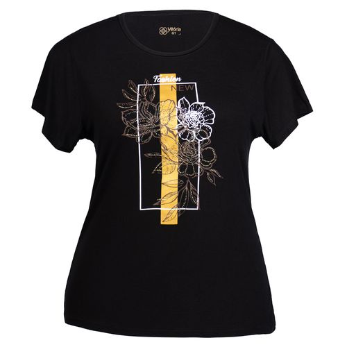 Blusa Feminina Vitória Plus Size Floral Strass Preto