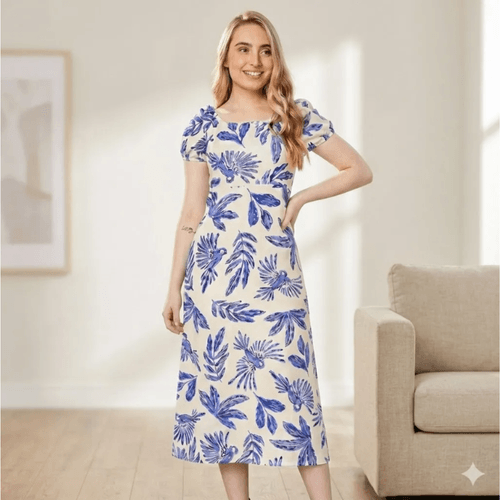 Vestido Feminino Rechsul Estampado Manga Princesa Azul/bege