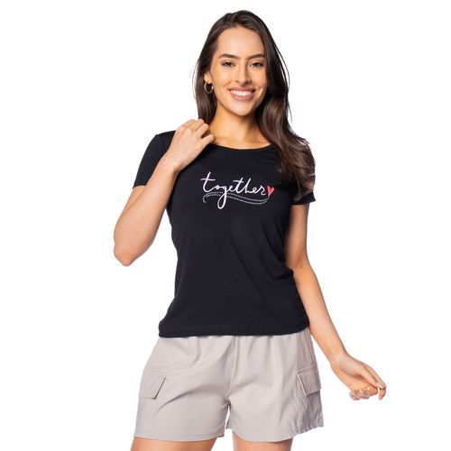 Blusa Feminina Vitória Estampa Lettering Strass Preto/Branco