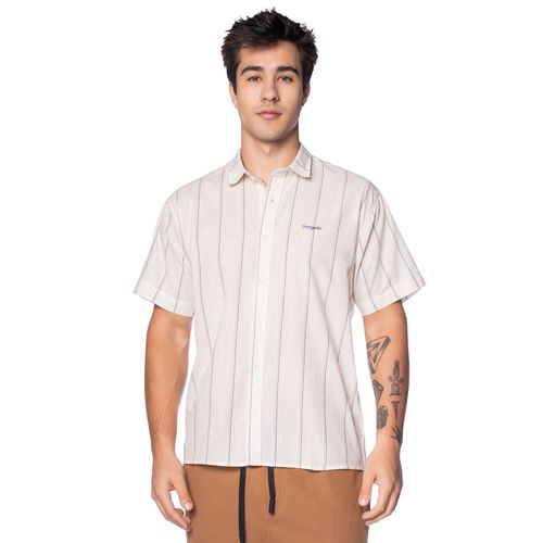 Camisa Masculina Gangster Linho com Listras Bege