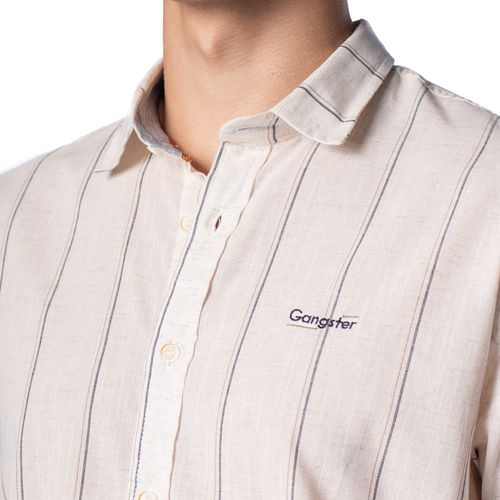 Camisa Masculina Gangster Linho com Listras Bege