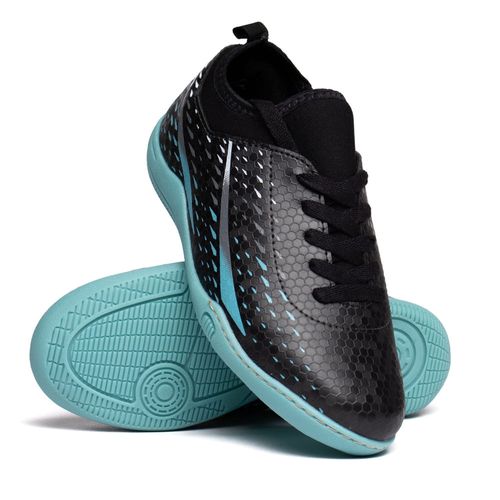 Chuteira Infantil Molekinho Futsal Napa Preto/Azul Turquesa