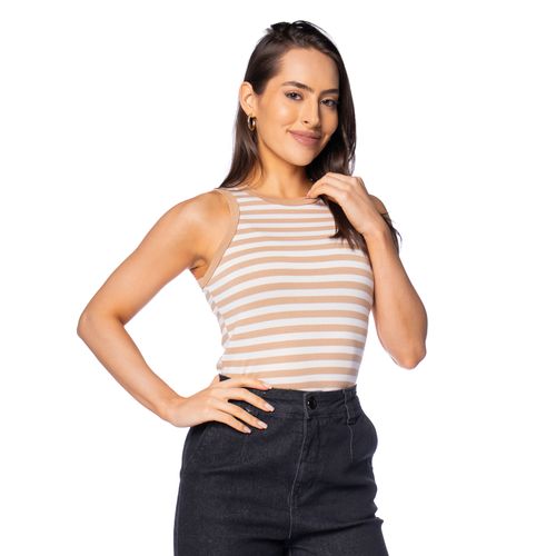 Regata Cropped Feminina Feliny Listrada Caramelo/Branco