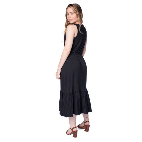 Vestido Midi Feminino Rechsul Sem Mangas Babados Preto