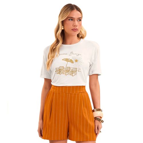 T-Shirt Feminina Rovitex Manga Curta Bordada Off White