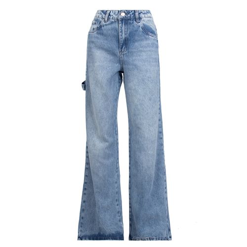 Calça Jeans Feminina Sawary Wide Leg Estonado Azul