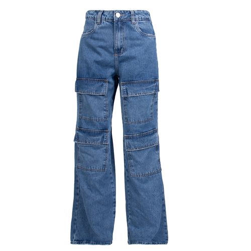 Calça Jeans Feminina Sawary Wide Leg Cargo Duplo Azul