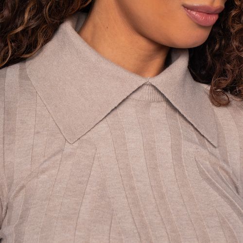 Blusa Feminina Biamar Canelada Gola Polo Bege Escuro