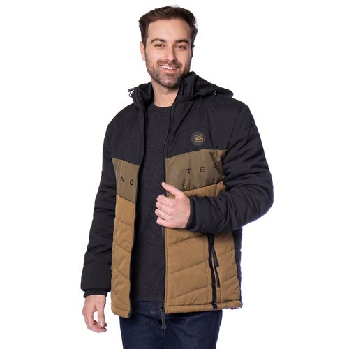 Jaqueta Puffer Masculina Gangster Capuz Peluciado Preto/Musgo