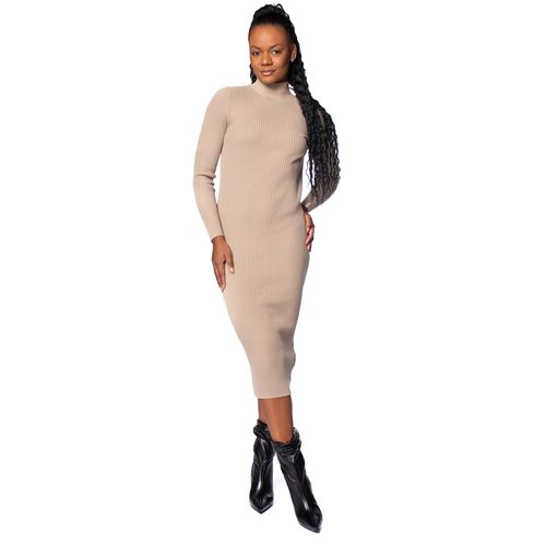 Vestido Midi Feminino Biamar Canelado Gola Alta Bege