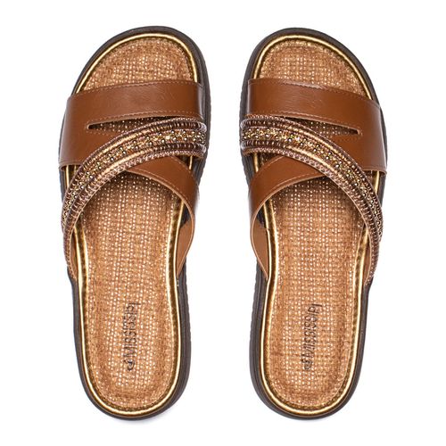 Chinelo Slide Feminino Mississipi Flatform Strass Caramelo